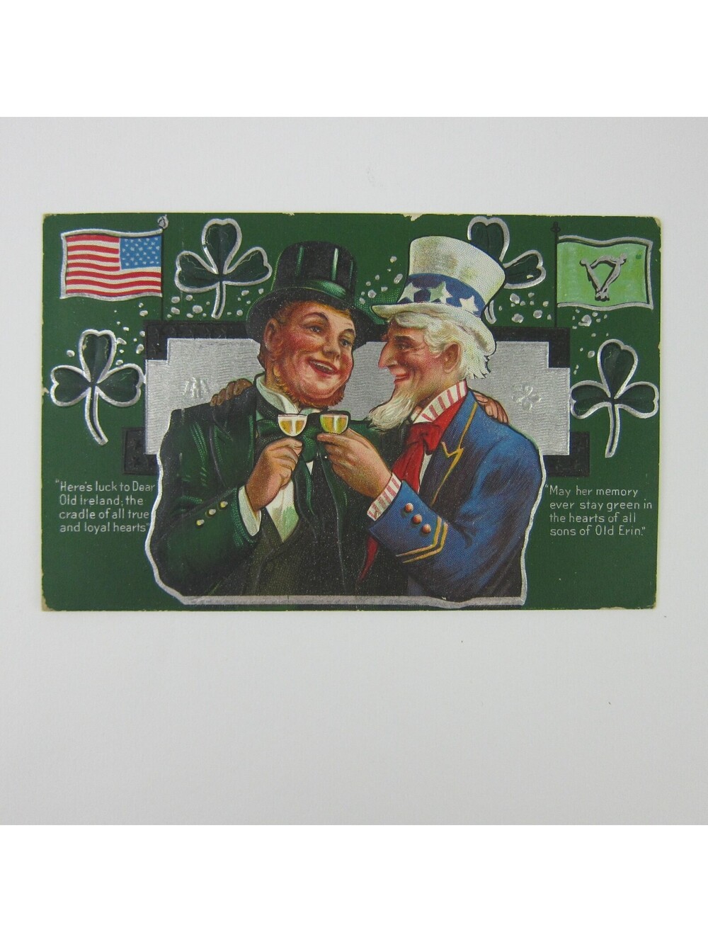 St. Patricks Day Postcard Uncle Sam American Flag Green Shamrocks Antique 1914